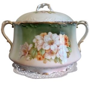 Antique Hand Painted Bavaria Lidded Christmas Rose Signed J Braun Glit/Porcelain